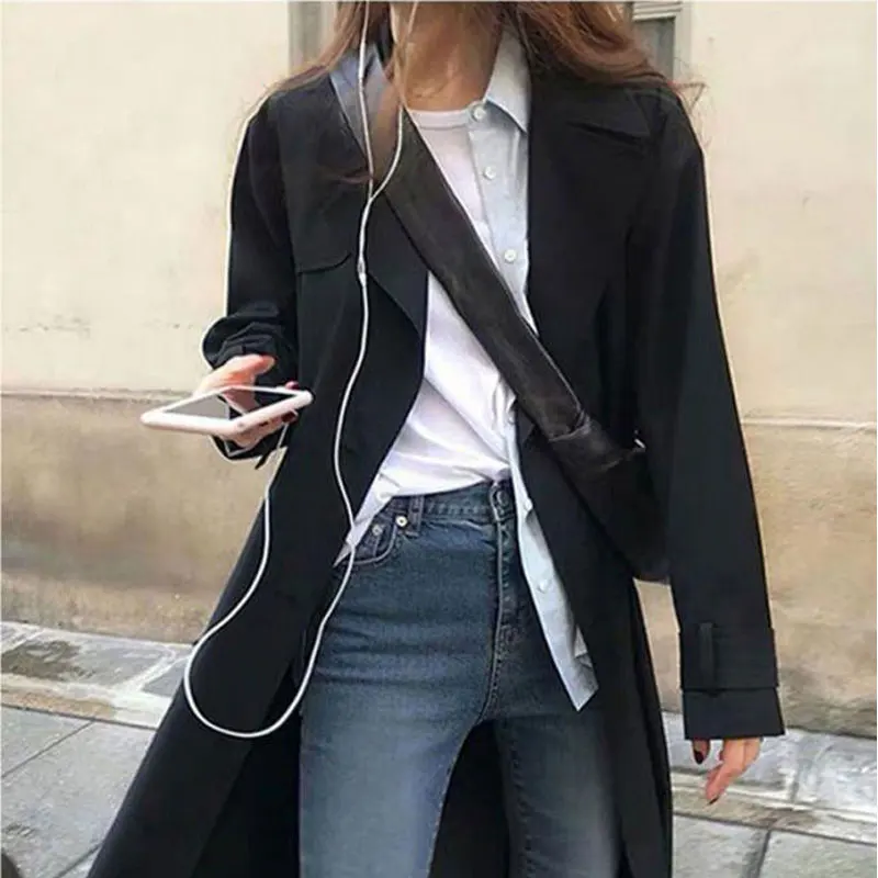 Khaki Long Women Trench Coat Autumn Winter Turn Down Collar Women Clothes Causal Full Sleeve Belt Black Windbreaker