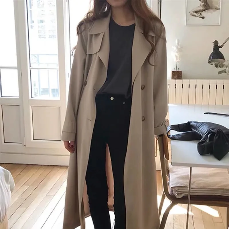 Khaki Long Women Trench Coat Autumn Winter Turn Down Collar Women Clothes Causal Full Sleeve Belt Black Windbreaker