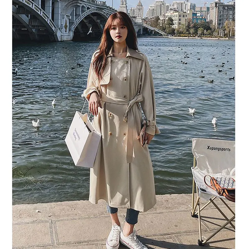 Casual Patchwork Long Women Trench Coat Autumn Turn Down Collar Double Breasted Women Clothes Windbreaker With Belt