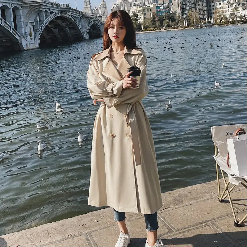 Casual Patchwork Long Women Trench Coat Autumn Turn Down Collar Double Breasted Women Clothes Windbreaker With Belt