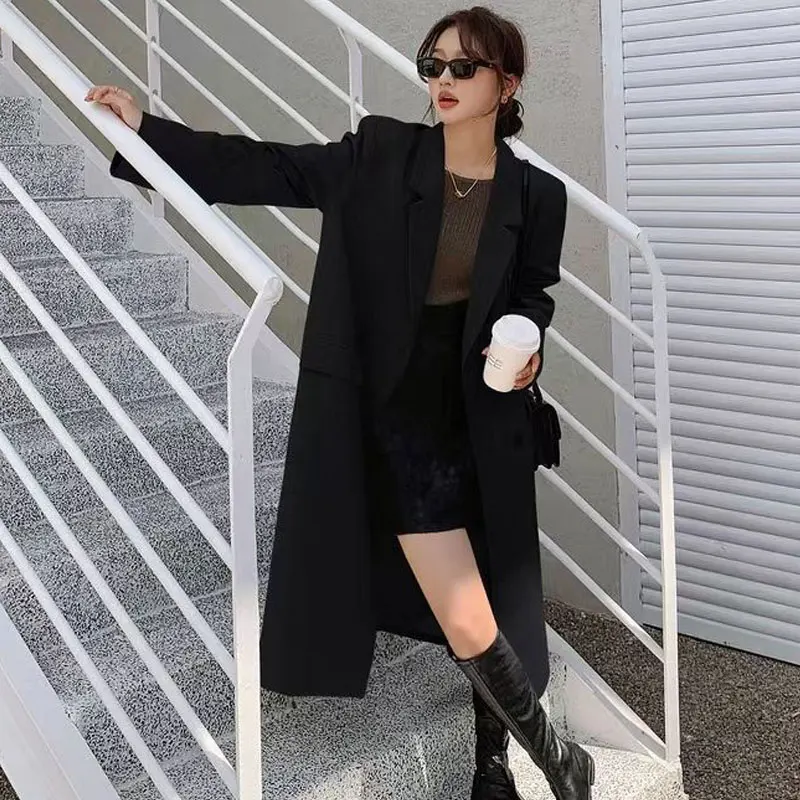 Casual Long Women Trench Coat Autumn Turn Down Collar Double Breasted Women Clothes Long Sleeve Black Windbreaker New
