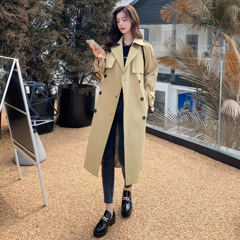 Casual Khaki Long Women Trench Coat Autumn Turn Down Collar Double Breasted White Women Windbreaker Overcoat With Belt