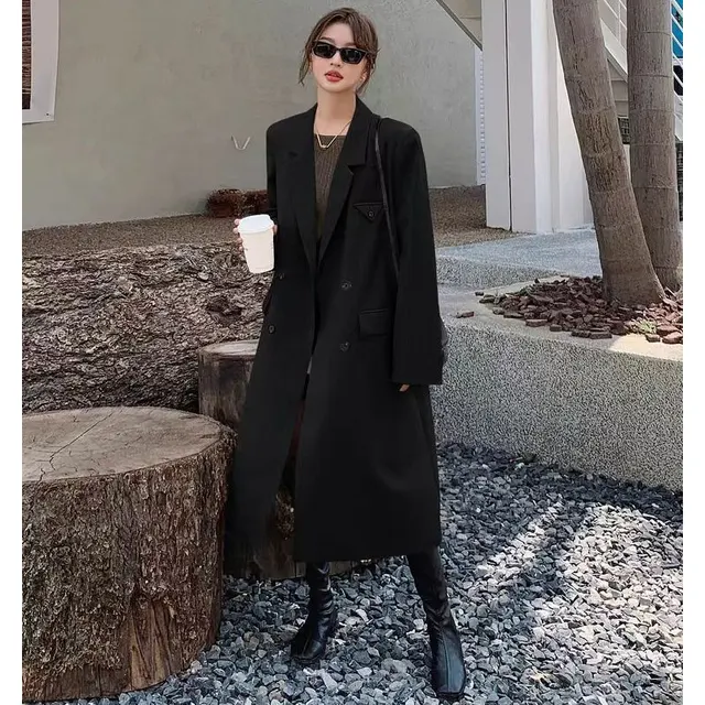 Casual Long Women Trench Coat Autumn Turn Down Collar Double Breasted Women Clothes Long Sleeve Black Windbreaker New