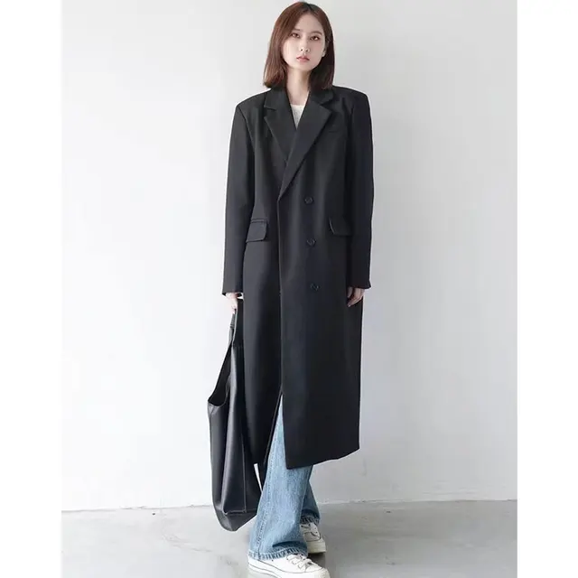 Elegant Woman Suit Windbreaker Trench Coat Autumn Turn Down Collar Double Breasted Office Lady Long Ladies Gray Coat Outwear