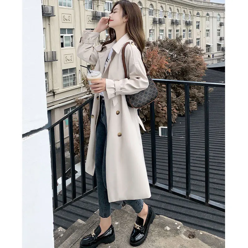 Casual Khaki Long Women Trench Coat Autumn Turn Down Collar Double Breasted White Women Windbreaker Overcoat With Belt