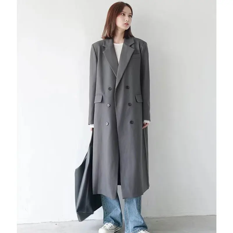 Elegant Woman Suit Windbreaker Trench Coat Autumn Turn Down Collar Double Breasted Office Lady Long Ladies Gray Coat Outwear