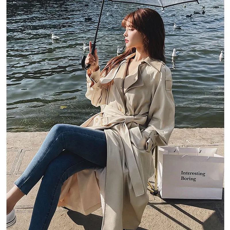 Casual Patchwork Long Women Trench Coat Autumn Turn Down Collar Double Breasted Women Clothes Windbreaker With Belt