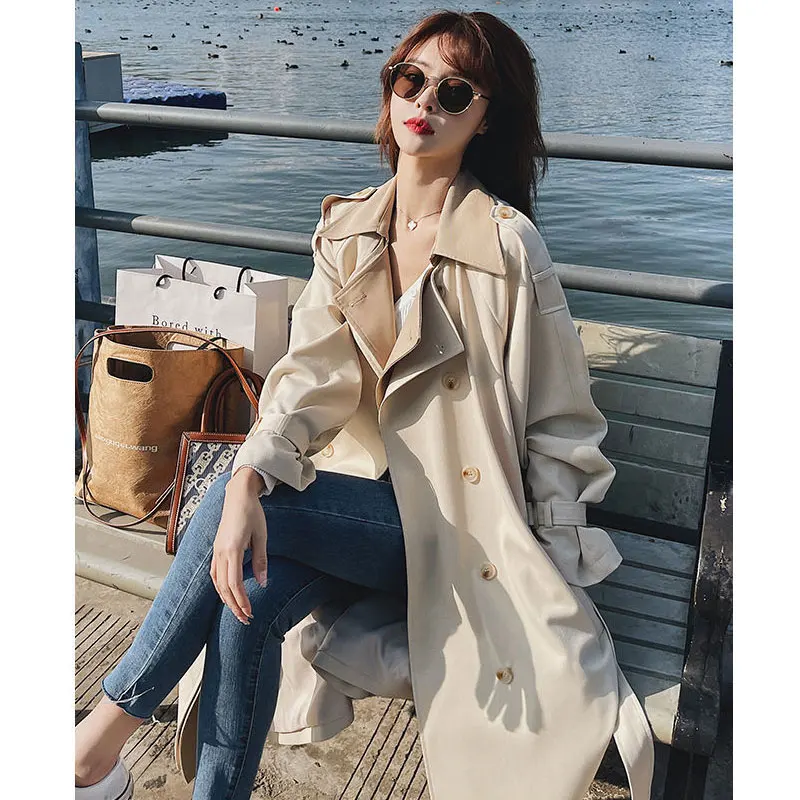 Casual Patchwork Long Women Trench Coat Autumn Turn Down Collar Double Breasted Women Clothes Windbreaker With Belt