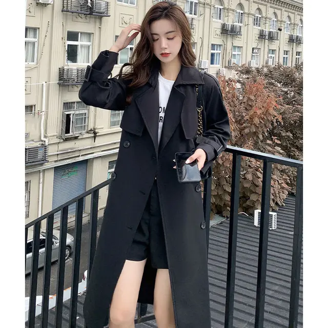 Casual Khaki Long Women Trench Coat Autumn Turn Down Collar Double Breasted White Women Windbreaker Overcoat With Belt