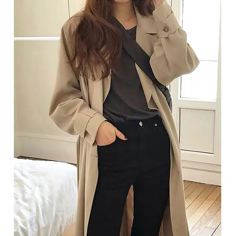 Khaki Long Women Trench Coat Autumn Winter Turn Down Collar Women Clothes Causal Full Sleeve Belt Black Windbreaker