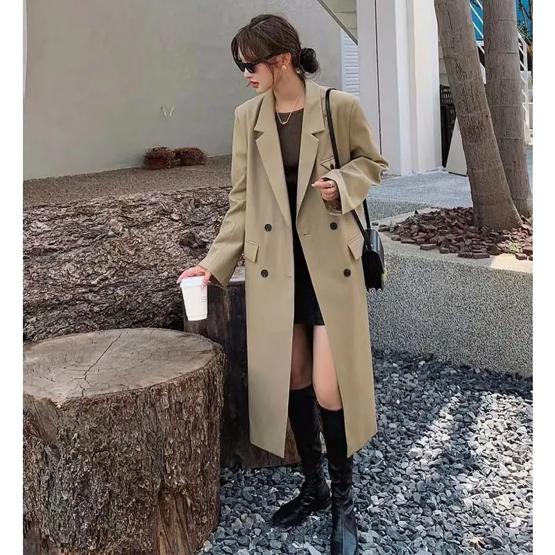 Casual Long Women Trench Coat Autumn Turn Down Collar Double Breasted Women Clothes Long Sleeve Black Windbreaker New