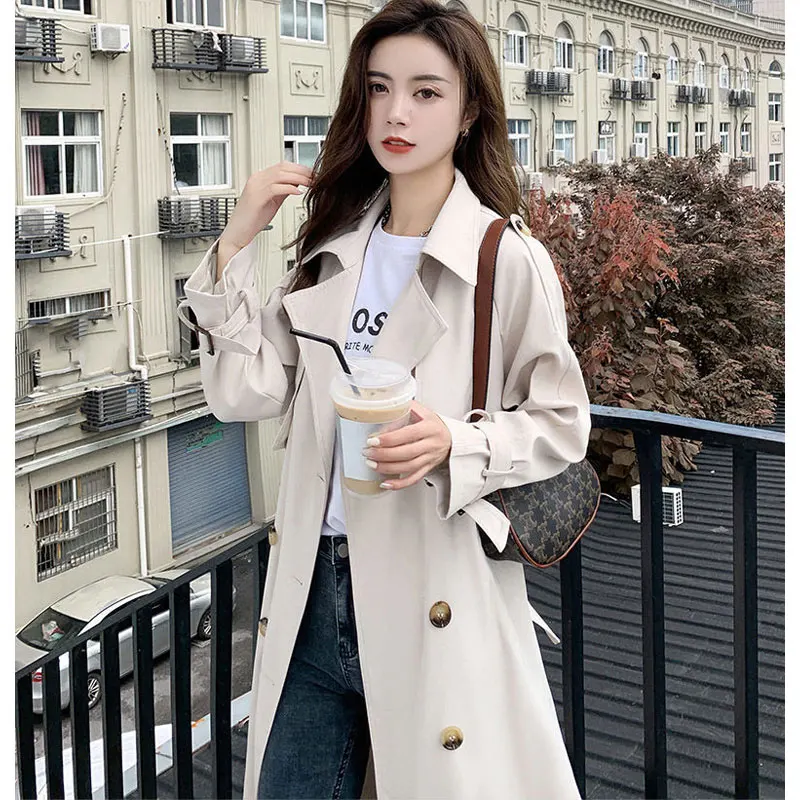 Casual Khaki Long Women Trench Coat Autumn Turn Down Collar Double Breasted White Women Windbreaker Overcoat With Belt