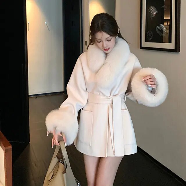 White Wollen Coat With Belt Woman Winter Autumn Chic Solid Fox Fur Collar Thick Warm Chic Long Ladies Lace Up Coat Outwear