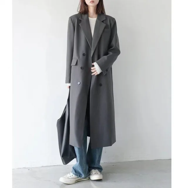 Elegant Woman Suit Windbreaker Trench Coat Autumn Turn Down Collar Double Breasted Office Lady Long Ladies Gray Coat Outwear