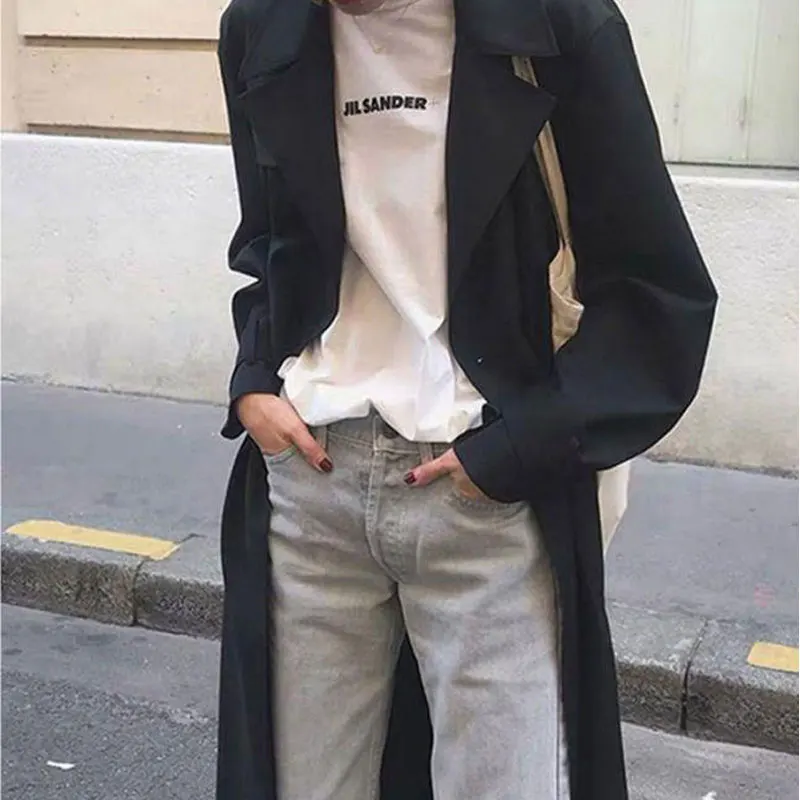 Khaki Long Women Trench Coat Autumn Winter Turn Down Collar Women Clothes Causal Full Sleeve Belt Black Windbreaker