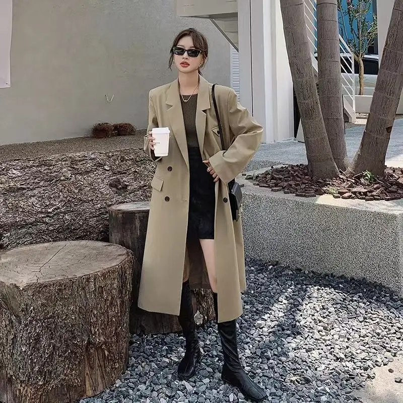 Casual Long Women Trench Coat Autumn Turn Down Collar Double Breasted Women Clothes Long Sleeve Black Windbreaker New