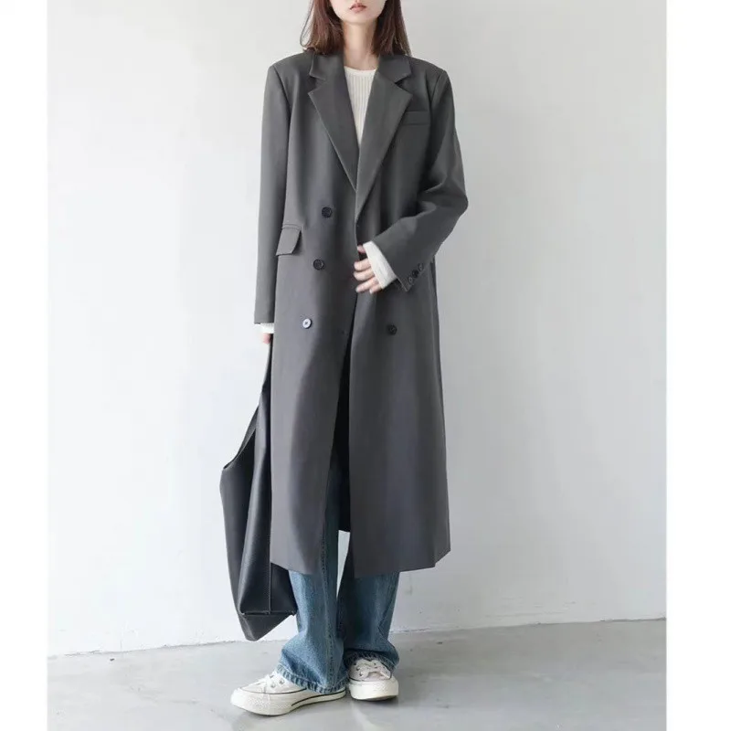 Elegant Woman Suit Windbreaker Trench Coat Autumn Turn Down Collar Double Breasted Office Lady Long Ladies Gray Coat Outwear