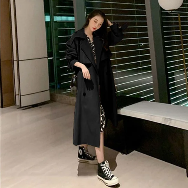 Autumn Winter Woman Long Trench Coat Fashion Streetwear Loose Khaki Black Cloak Casual Elegant Women's Windbreaker Coat