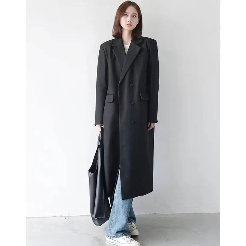 Elegant Woman Suit Windbreaker Trench Coat Autumn Turn Down Collar Double Breasted Office Lady Long Ladies Gray Coat Outwear
