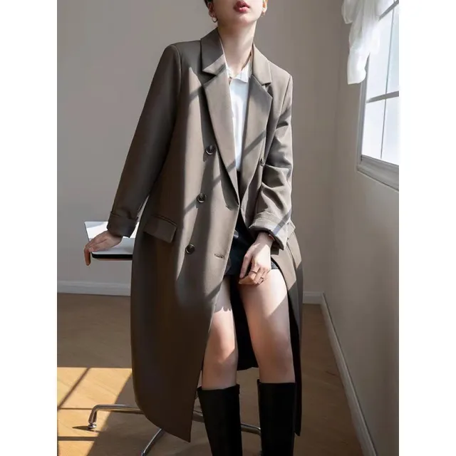 Elegant Woman Suit Windbreaker Trench Coat Autumn Turn Down Collar Double Breasted Office Lady Long Ladies Gray Coat Outwear