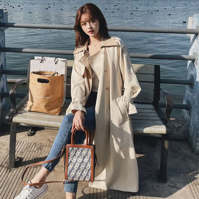 Casual Patchwork Long Women Trench Coat Autumn Turn Down Collar Double Breasted Women Clothes Windbreaker With Belt