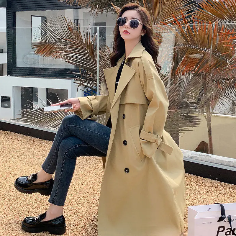 Casual Khaki Long Women Trench Coat Autumn Turn Down Collar Double Breasted White Women Windbreaker Overcoat With Belt