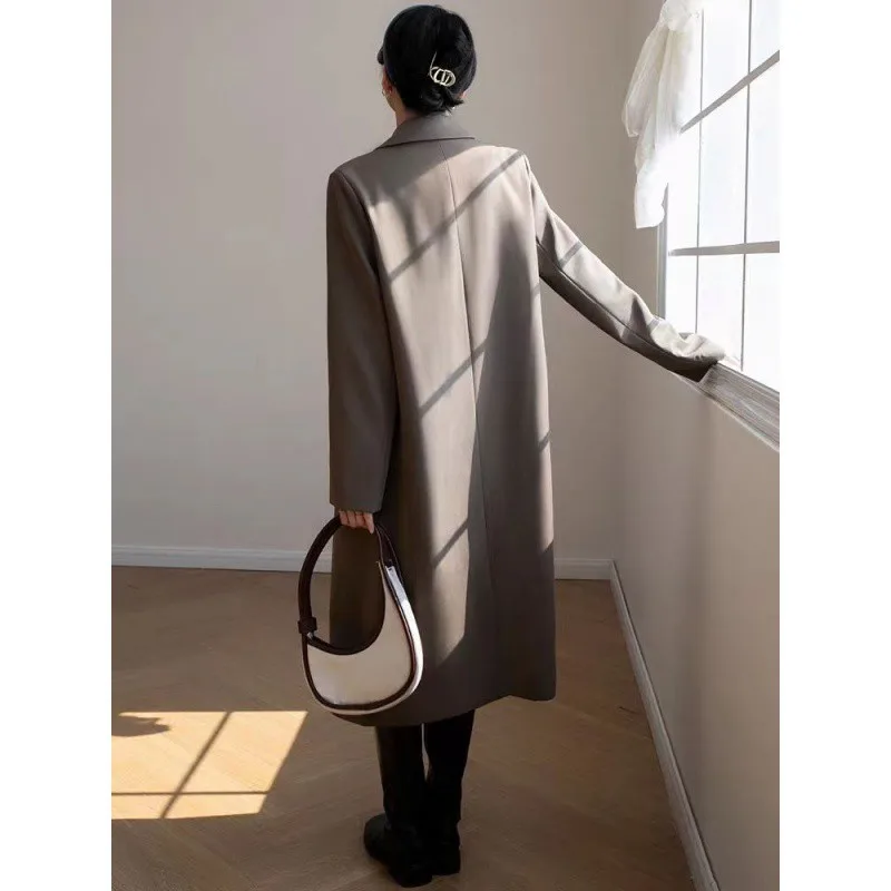 Elegant Woman Suit Windbreaker Trench Coat Autumn Turn Down Collar Double Breasted Office Lady Long Ladies Gray Coat Outwear