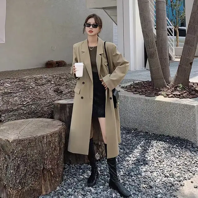 Casual Long Women Trench Coat Autumn Turn Down Collar Double Breasted Women Clothes Long Sleeve Black Windbreaker New