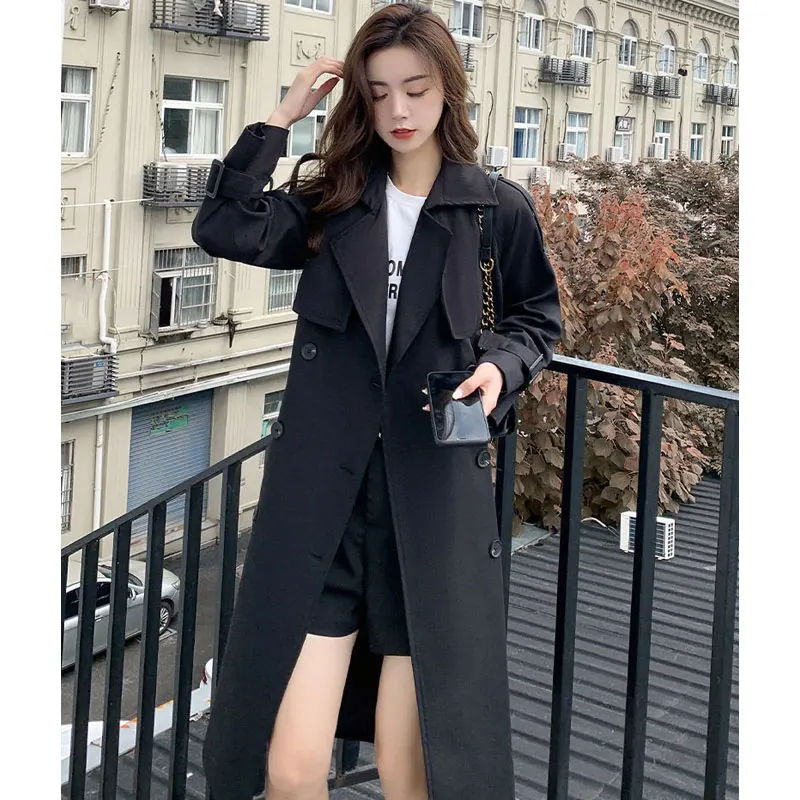 Casual Khaki Long Women Trench Coat Autumn Turn Down Collar Double Breasted White Women Windbreaker Overcoat With Belt