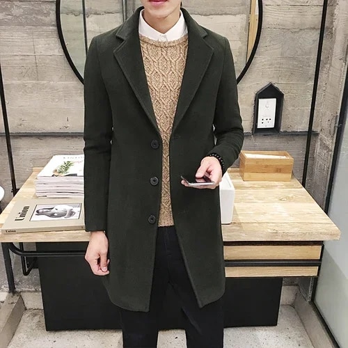 Men Long Cotton Coat Autumn Winter New Wool Blend Pure Color Casual Business Fashion Slim Windbreaker Jacket Men Clothing