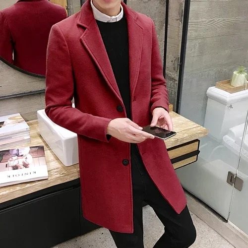 Men Long Cotton Coat Autumn Winter New Wool Blend Pure Color Casual Business Fashion Slim Windbreaker Jacket Men Clothing