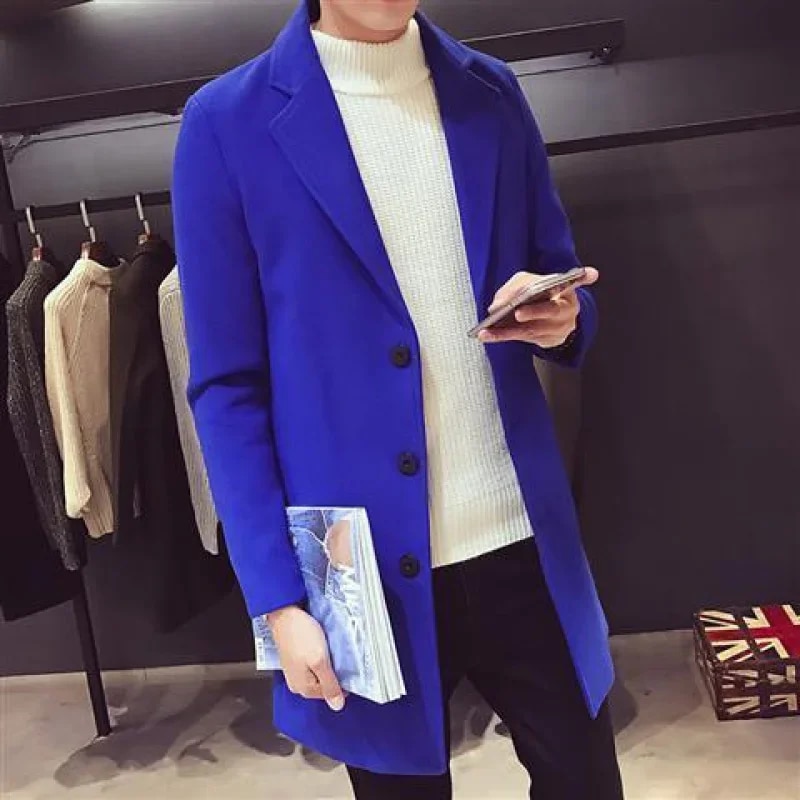 Men Long Cotton Coat Autumn Winter New Wool Blend Pure Color Casual Business Fashion Slim Windbreaker Jacket Men Clothing