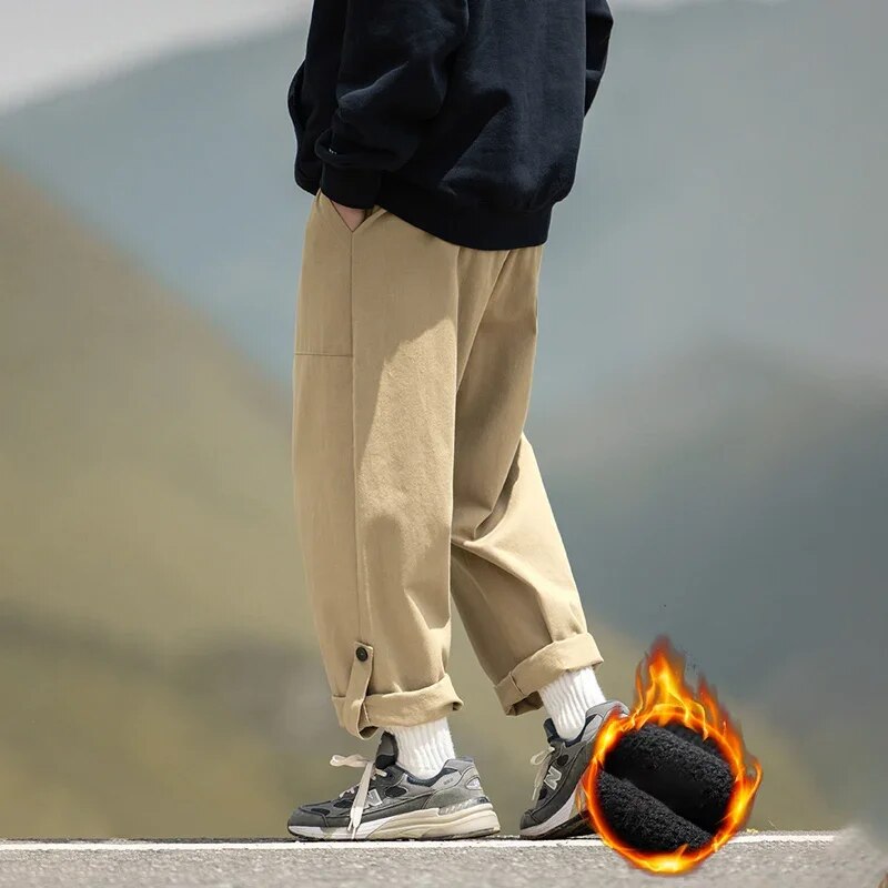 TFETTERS Mens Autumn Cargo Pants Baggy Mid Rise Fashion Cotton Straight Leg Pants Man Fleece Thickened Outdoors Trousers