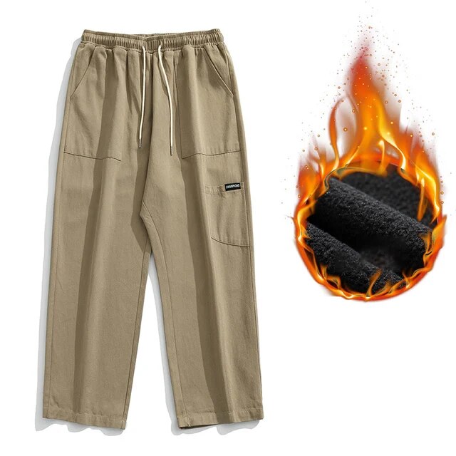 TFETTERS Brand Men Cargo Trousers New Autumn Winter Fleece Piecing Straight Leg Pnats Outdoors Casual Mid Rise Men Trousers