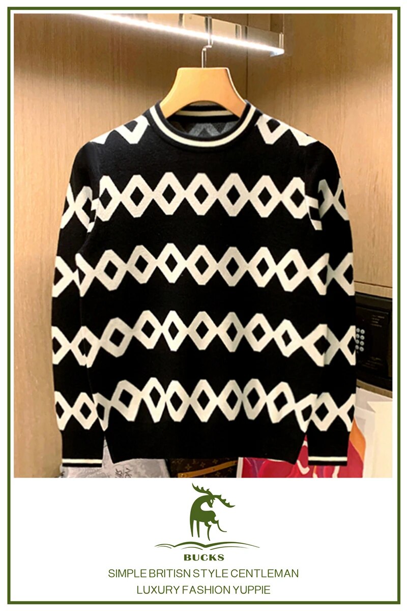 Men Autumn Winter Fashion Long Sleeve Slim Sweater Tops Male O-neck Pullover Knit Tops Men Warm Casual Plaid Jumpers W735