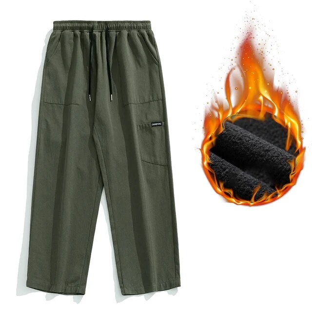 TFETTERS Brand Men Cargo Trousers New Autumn Winter Fleece Piecing Straight Leg Pnats Outdoors Casual Mid Rise Men Trousers