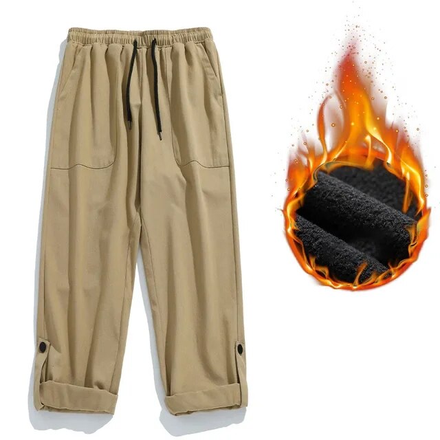 TFETTERS Mens Autumn Cargo Pants Baggy Mid Rise Fashion Cotton Straight Leg Pants Man Fleece Thickened Outdoors Trousers