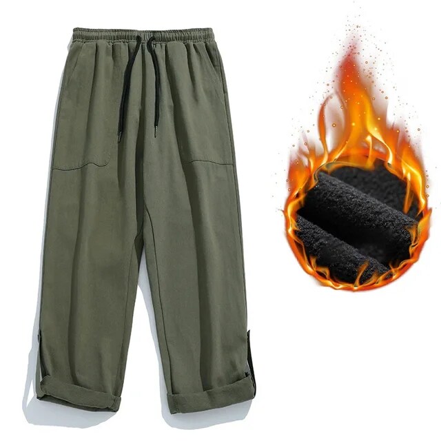 TFETTERS Mens Autumn Cargo Pants Baggy Mid Rise Fashion Cotton Straight Leg Pants Man Fleece Thickened Outdoors Trousers