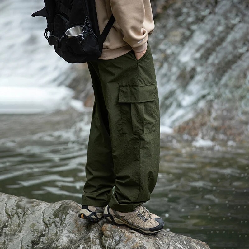 TFETTERS Autumn Casual Pants Men Waterproof Thin Mid Waist Solid Color Men Cargo Pants Tourism Outdoors Riding Trousers