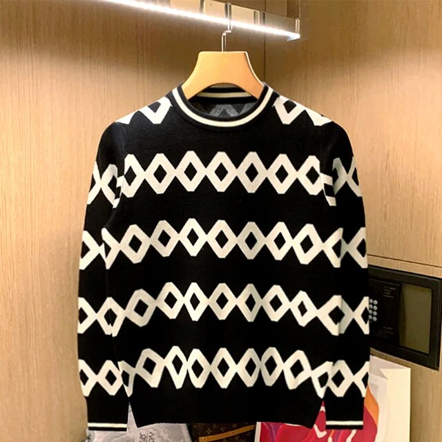 Men Autumn Winter Fashion Long Sleeve Slim Sweater Tops Male O-neck Pullover Knit Tops Men Warm Casual Plaid Jumpers W735