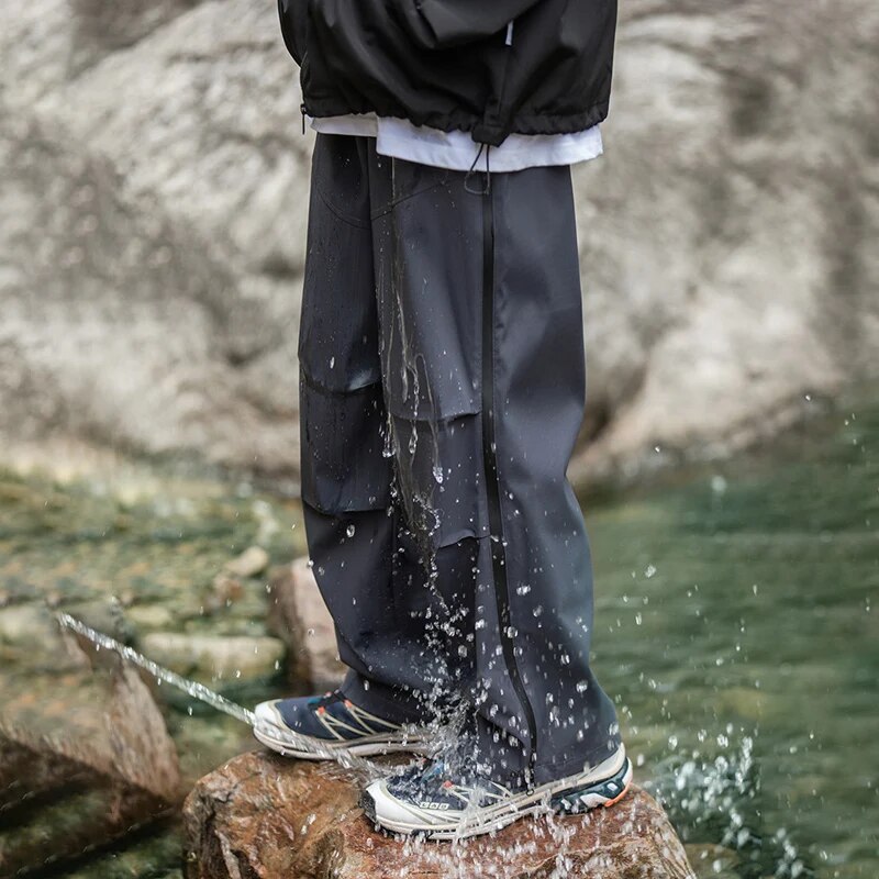 TFETTERS Autumn Winter Male Cargo Pants Side Stripe Watertight Mid Rise Parachute Pants Mens Fashion Outdoors Men Clothing
