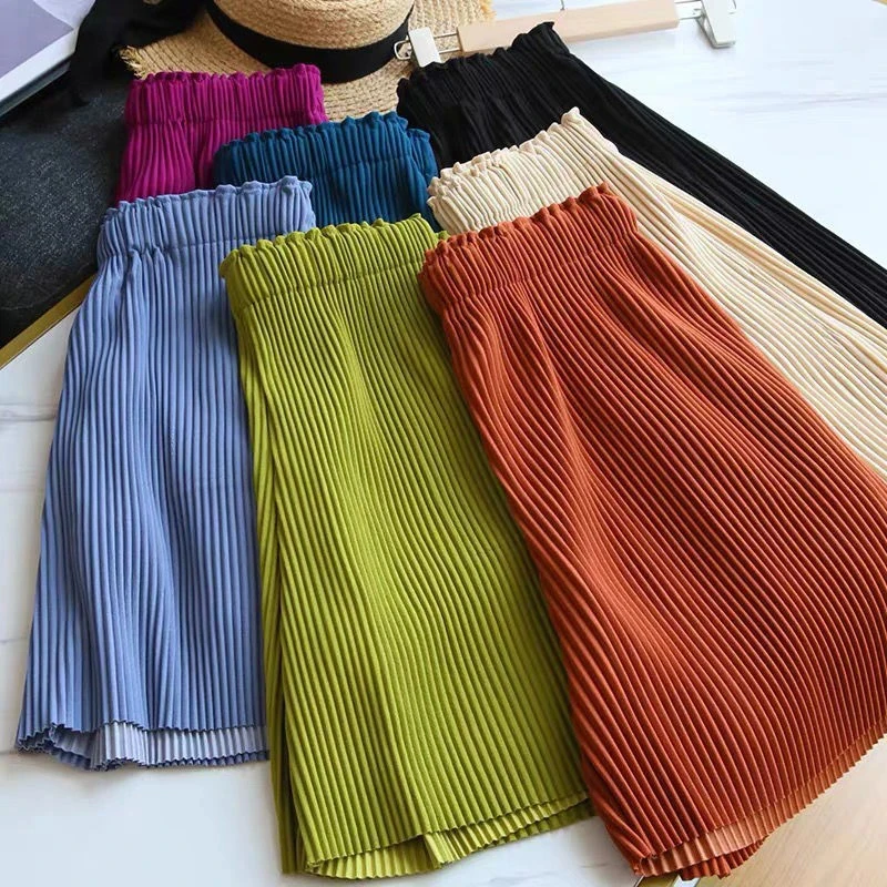 Pleated Shorts Women High Waist Wide Leg Casual Shorts Summer Korean Ladies Ice Silk Fashion Loose All Match Five-Point Pants