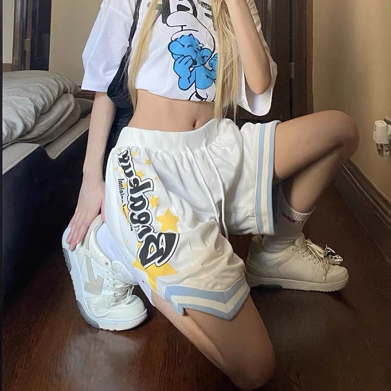 Streetwear Shorts Women Letter Print Basketball Sports Shorts Bf Summer Y2K Harajuku Breathable Mesh Elastic Waist Short Pants