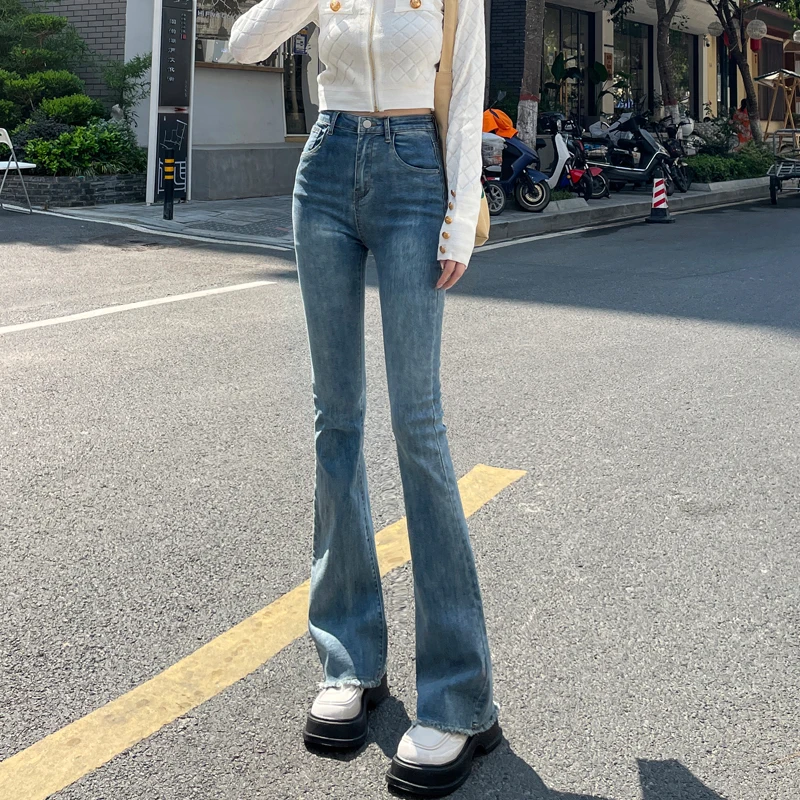 Elastic Skinny Flare Jeans Women's Autumn New Vintage Blue High Waist Fray Fashion Slim Denim Trousers Female Casual Pants