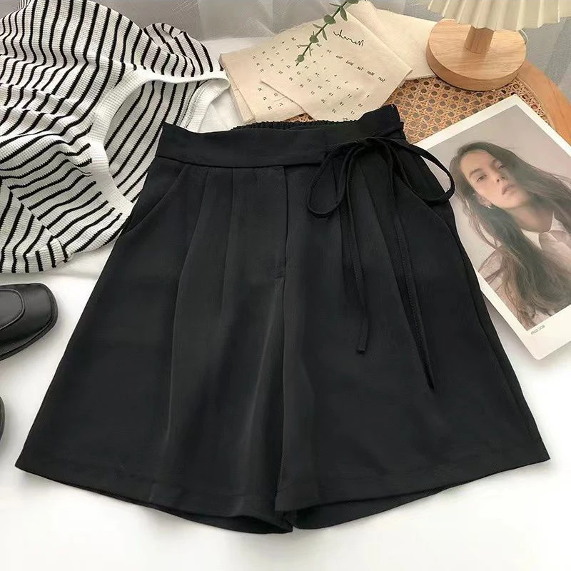 Suit Shorts Women Korean High Waist Bandage Wide Leg Shorts Summer Office Lady Elegant Lace Up Bow A Line Casual Short Pants New