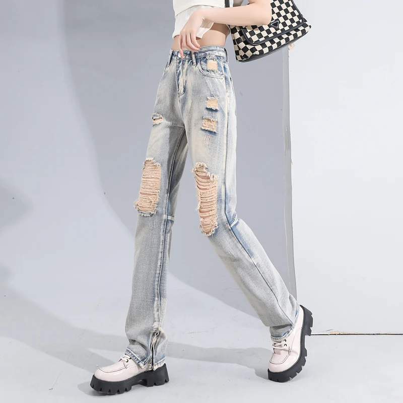 Cotton Women's Ripped Straight Jeans Sexy Holes Zipper Vintage High Waist Denim Trousers Spring Fashion Female Pants Streetwear