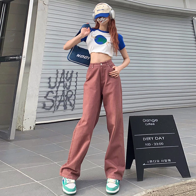 Spring Women's High Waisted Straight Jeans Baggy Fashion Streetwear Korean Wide Leg Denim Pants Female Cotton Trousers