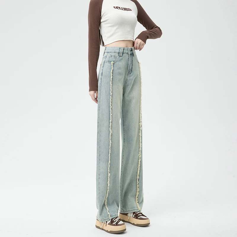 Autumn Women's Wide-leg Jeans Retro Style High Waist Loose Straight Denim Cotton Pants Korean Fashion Female Streetwear