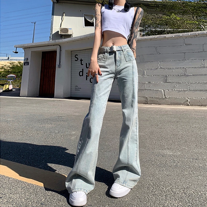 Women Fashion Baggy Flared Jeans Spring Vintage Stitching Belt Korean Cotton Denim Pants Female High Street Y2K Casual Trousers