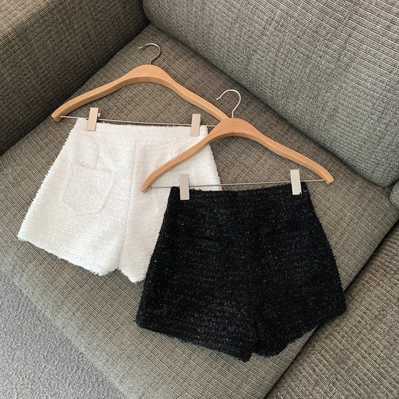 Tweed Shorts Women Korean High Waist Wide Leg Shorts Office Lady Elegant White Black Autumn Winter Casual All Match Short Pants